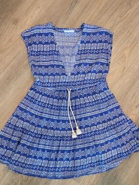 Blue Patterned V-Neck Summer Dress with Tassel Tie Size Small